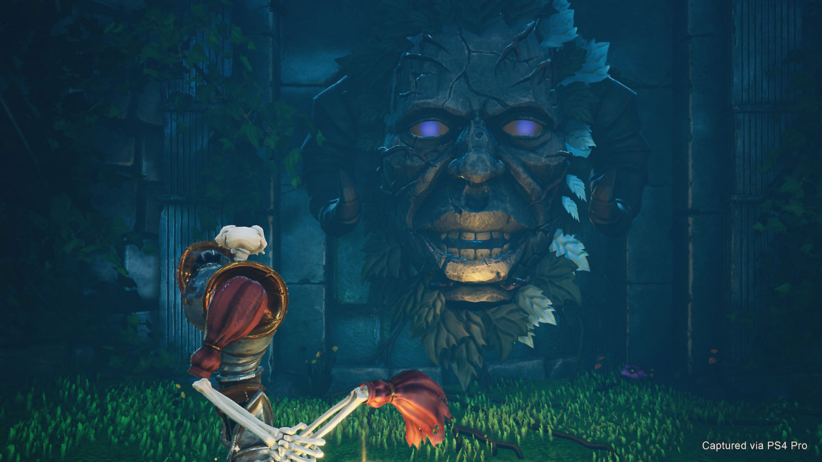 the knight standing in front of a wall, with a giant face on the wall